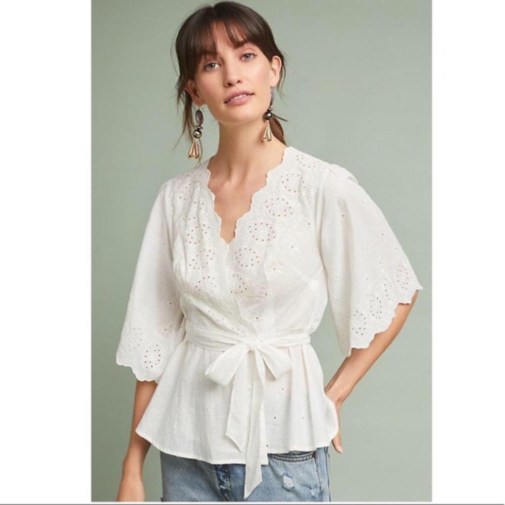 Anthropologie White Wrap Eyelet Top